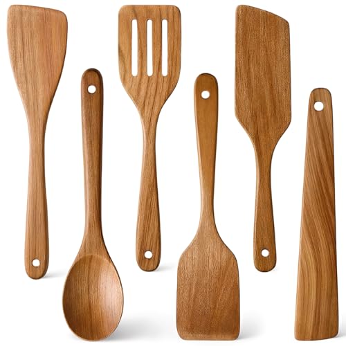 6 Pack Acacia Wood Spatula Set Non Toxic Kitchen Utensils for Cooking Spoon Flat Wooden Wok Spatula Spurtle Kitchen Tools Slotted Turner Scraper Bamboo Cooking Utensil Set Fish Egg Flipper Spatulas - color: 6Pcs-Utensils
