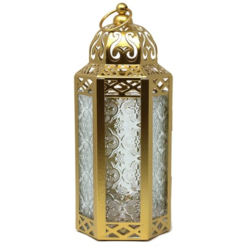 Vela Lanterns Decorative Indoor Moroccan Candle Holder, Gold, M | Ramadan Decorations for Home, Eid Candle Lantern, Islamic Wedding Centerpiece, Hanging Tealight Votive Pillar Holder, 10.5in - color: Gold/Clear, size: Medium