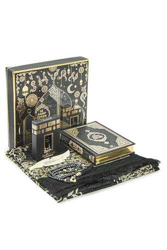 ihvan online Prayer Gift Set for Hajj and Umrah, Muslim Prayer Rug, Prayer Mat, Beads Taasbih, Holy Quran Translated French, Muslim Praying Mat, Islamic Gift Set for Ramadan & Eid, Black - color: French Black