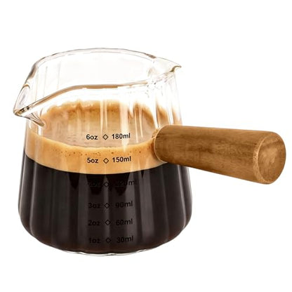 Adorever Espresso Cups 6 OZ, Double Spout Espresso Shot Glass with Wooden Handle, Clear Glass Measuring Cup for Espresso Shots & Milk, Espresso Accessories for Coffee Machine