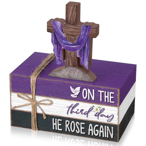 Geelin 4 Pcs Easter Lent Decorations for home, He Is Risen Wooden Sign Christian Tabletop with Cross and Scripture Theme for Table, Tiered Tray, Desk, Shelf, Faith Spring Decor - style: Easter