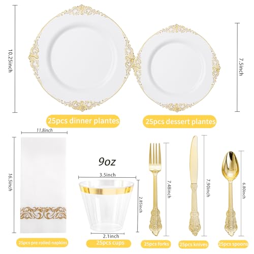 Hioasis 175pcs White and Gold Plates - White Party Plates for 25 Guest, Include 50 Heavy-duty Plates(20% Thicker Than Standard), 25 Cutlery Set, 25 Napkin, 25 Cups for Party & Wedding & Graduation - color: White and Gold