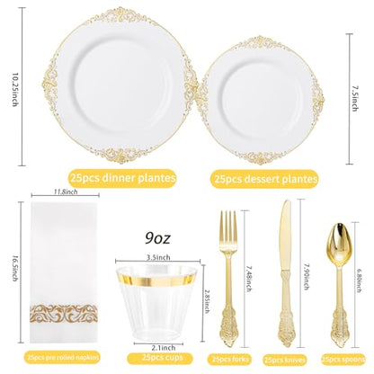 Hioasis 175pcs White and Gold Plates - White Party Plates for 25 Guest, Include 50 Heavy-duty Plates(20% Thicker Than Standard), 25 Cutlery Set, 25 Napkin, 25 Cups for Party & Wedding & Graduation - color: White and Gold