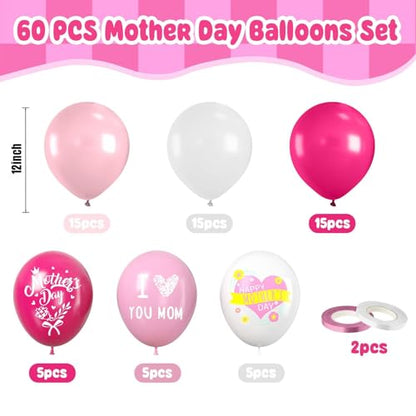 Paready Mother's Day Balloons, 60 Pcs Pink White Mom Print Party Decor - color: Mom