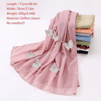 Muslim Prayer Hijab for Women Lightweight Pearl Chiffon Scarfs 3-D Butterfly Embroidery with Glitters Beads Islamic Hijab - color: Black