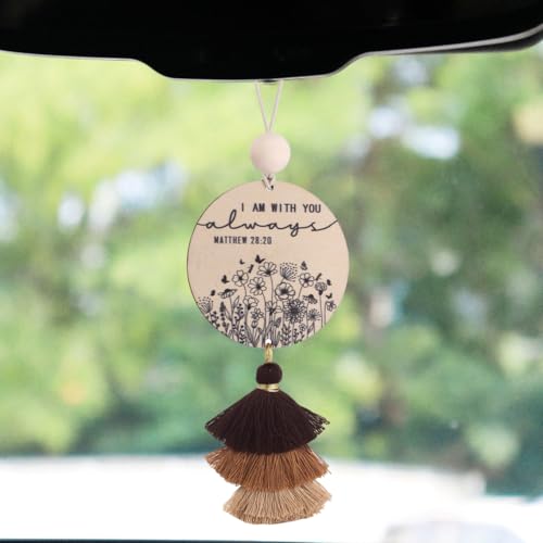 Christian Car Charm Gifts for Women Men, I am with You Always Rear View Mirror Hanger with Tassel Religious Car Hanging Ornament Accessories(Brown) - color: Brown