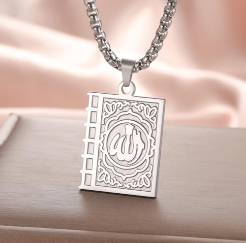 Islamic Necklace Double Sided Quran Book Muhammad Prophet Allah Pendant Arabic Calligraphy Ayatul Kursi Muslim Religious Jewelry Islam Eid Ramadan Gift for Men Women - color: silver