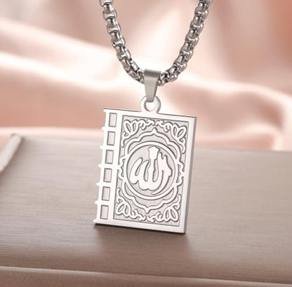Islamic Necklace Double Sided Quran Book Muhammad Prophet Allah Pendant Arabic Calligraphy Ayatul Kursi Muslim Religious Jewelry Islam Eid Ramadan Gift for Men Women - color: silver