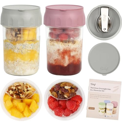 SOLIGT 2 Pack Overnight Oats Containers with Lids, Folding Spoons and Divided Compartments for Fruit & Nuts, Small Glass 16oz Mason Jars for Oatmeal Yogurt Parfait - color: 2 Set-Smoke Gray/Rose Pink