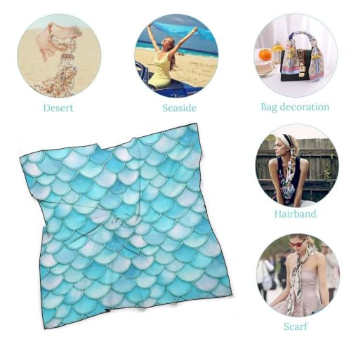 Women’s Square Scarf 27"x27", Lightweight Chiffon Satin Feel Fashion Scarf for Neck Hair Band Head Wrap Bag Accessory - color: Mermaid Scale Blue