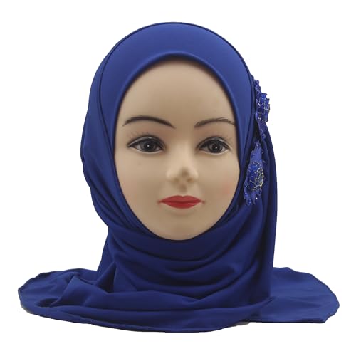 Soft Instant Hijab for Kids Girls Muslim Headscarf Islamic Scarf Shawl Wrap with Flowers - color: Blue-2 Flowers