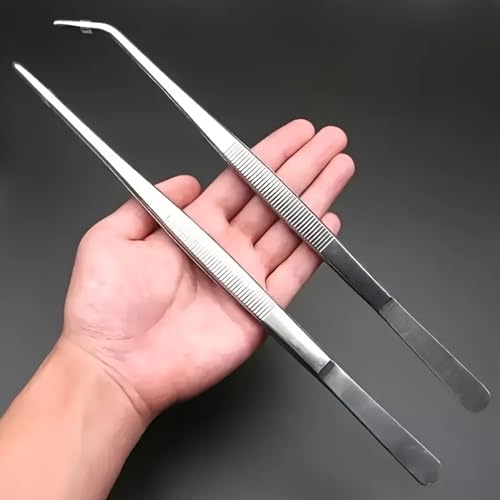 2 Pack Long Stainless Steel Tweezers Set, Heavy Duty Straight & Curved Tongs with Serrated Tips, Multi-Purpose Extended Tweezers for Bonsai Care, Aquarium Aquascaping, Terrarium and Crafting