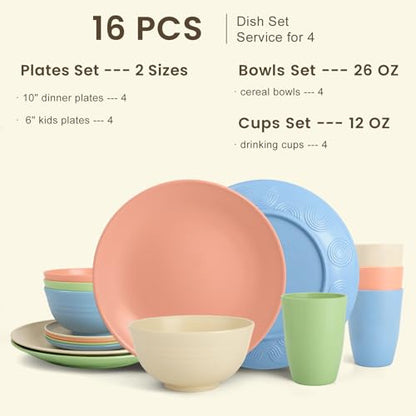 Homienly Premium Dinnerwave Sets, Lightweight & Unbreakable Wheat Straw Dish Set - Plates and Bowls Set with Cups, 16 PCS Microwave and Dishwasher Safe Dinnerware Set - Multi Light - color: Multi Light, size: 16 PCS
