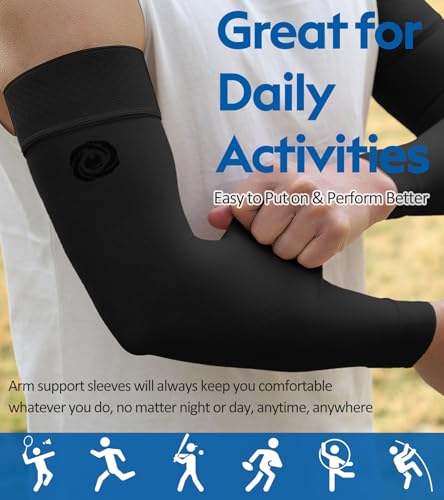 NURCOM Compression Arm Sleeve, 20-30 mmHg, With Silicone, Black M - color: Black(with Silicone Top Band), size: Medium(2 Pack)