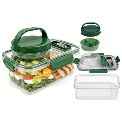 Upgraded Salad Pod Mason Jar Side Open,Portable Salad Container,On The Go Salad Jar Compartment for Travel Office Lunch,Leakproof Airtight,BPA Free & Dishwasher Safe (Square - Green)