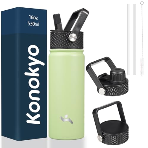 Konokyo 18 oz Insulated Water Bottle Stainless Steel Sport Bottles with 3 Lids,Macaron Green - color: Macaron Green, size: 18 Ounces