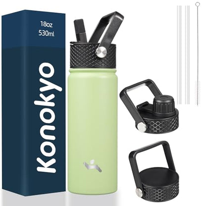 Konokyo 18 oz Insulated Water Bottle Stainless Steel Sport Bottles with 3 Lids,Macaron Green - color: Macaron Green, size: 18 Ounces