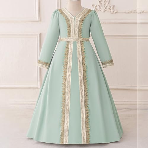 Toddler Girls Muslim Abaya Dress Islamic Dubai Modest Lace Belted Dress Abayas Kaftan Eid Prayer Clothes Arabian Maxi Robe - color: Light Green-a, size: 5-6 Years