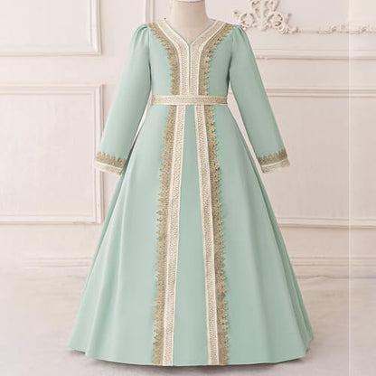Toddler Girls Muslim Abaya Dress Islamic Dubai Modest Lace Belted Dress Abayas Kaftan Eid Prayer Clothes Arabian Maxi Robe - color: Light Green-a, size: 3-4T