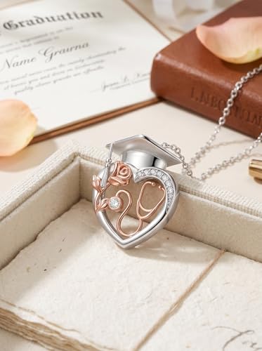 Graduation Gifts for Women 925 Sterling Silver Compass/Graduation/Vet/Cross/Stethoscope Necklace for Women - color: Graduation-Nurse-Stethoscope