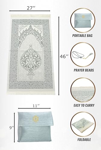 ihvan online Muslim Prayer Rug with 99 Beads Tasbih & Travel Bag, Soft Taffeta Sajadah, Lightweight & Foldable Janamaz, Portable Prayer Mat, Islamic Gift for Eid, Ramadan, Hajj & Umrah, Grey - color: Grey