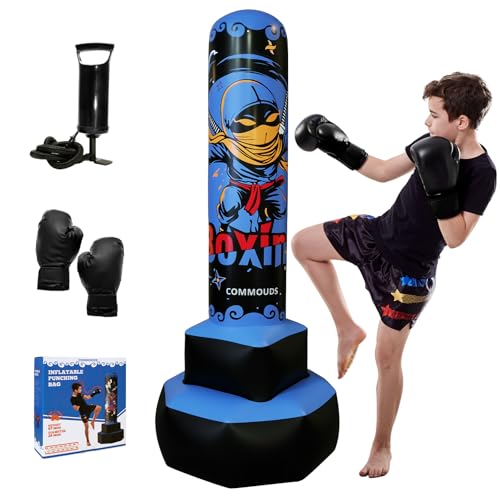COMMOUDS 67inch Punching Bag for Kids, Inflatable Kids Boxing Set with Gloves, Fast Rebound Punching Bag for Practicing Karate, Taekwondo, MMA, Christmas/Birthday Gift for Boys Girls, Ages 6-14 - color: Blue