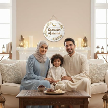 Ramadan Wreath for Front Door - Islamic Ramadan Mubarak Wooden Hanging Sign Ramadan Door Decoration Eid Mubarak Moon Stars Leafy Vine Branches Pattern Outdoor Home Wall Window Decor Gifts