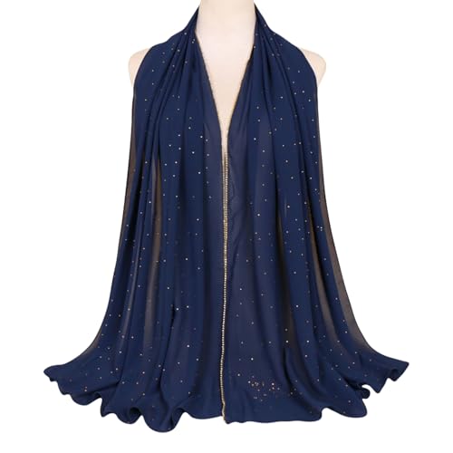 Hijab Scarf for Women Soft Chiffon Rhinestone Long Scarf Shawl Fashion Muslim Hijab Head Wrap Scarves - color: Navy