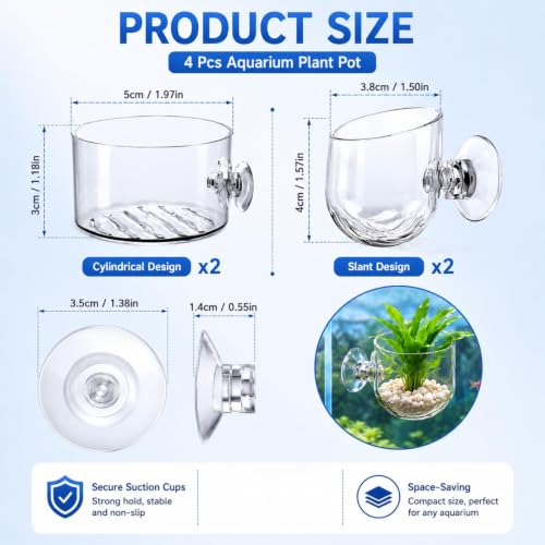 2Pcs Aquarium Plant Pot Set, Glass Fish Tank Plants Holder Aquarium Planter, Decoration Plants Cup with Suction Cups