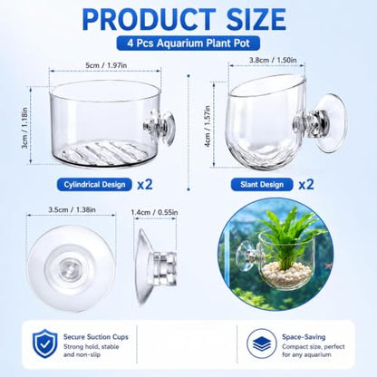 2Pcs Aquarium Plant Pot Set, Glass Fish Tank Plants Holder Aquarium Planter, Decoration Plants Cup with Suction Cups
