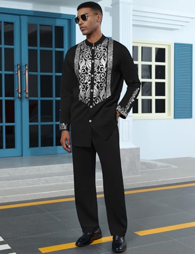 Mens African 2 Piece Sets Dashiki Metallic Traditional Suit Gold Stamp Printed Shirt and Pants Outfit - color: Black Silver, size: XX-Large