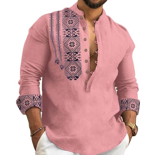 Kubsid Mens Henley Shirts Casual T Shirt Long Sleeve Banded Collar Button Down Vintage Beach Tops - color: Pink, size: X-Large