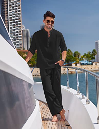 COOFANDY Men's 2 Pieces Cotton Linen Set Long Sleeve Henley Shirts Casual Beach Pants With Pockets Summer Yoga Outfits - color: Black, size: Medium