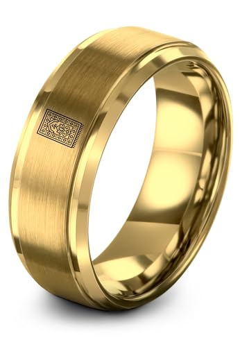 Gift for Muslim Devotee - Prayer Rug Pattern Ring - Black Yellow Rose Gold - Band - Anniversary Wedding - Personalized Custom Engraving - Flat Dome Bevel - 8mm - Men Women - Tungsten Carbide - color: 10 - Yellow Gold Tungsten