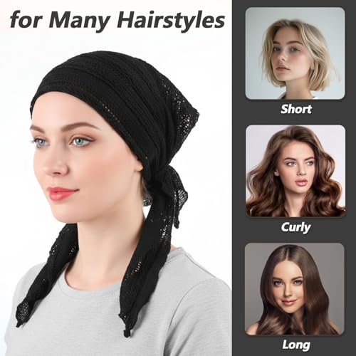 Women Slip-On Pre-Tied Beanie Headwear, Turban Covering Wrap Beanie Caps Headscarf, Stretchy Elastic Band Headwrap - color: Black