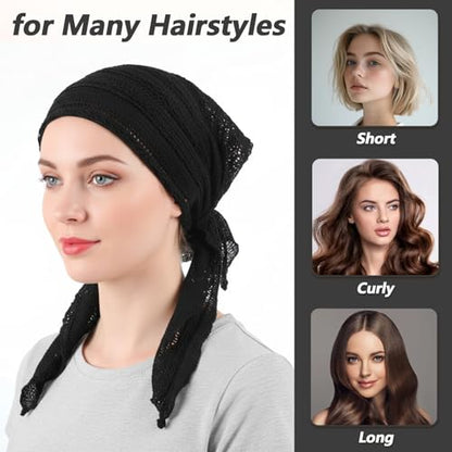 Women Slip-On Pre-Tied Beanie Headwear, Turban Covering Wrap Beanie Caps Headscarf, Stretchy Elastic Band Headwrap - color: Black