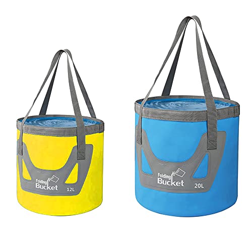 Collapsible Bucket with Handle 5 Gallon Portable Folding Bucket Upgraded Ultra Lightweight Outdoor Basin Pail for Fishing, Camping, Hiking, Car Washing and More (Blue Yellow, 20L-12L)
