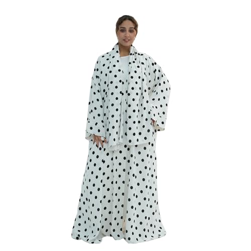 Women Open Front Abaya Dubai Polka Dot Jilbab Islamic Gorgeous Cardigan with Headscarf - color: White