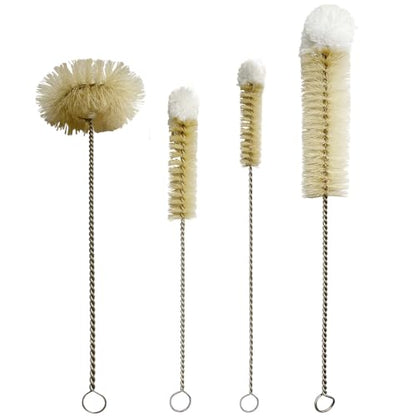 Bottle Brushes Thin Long Handle X 4, Natural Boar Bristle Set | Slim Stainless Steel Bendable Flexible Wire Cleaner, 3 Pcs with Wool Tip for Narrow Neck Bottles & Round for Wide Mouth Jars