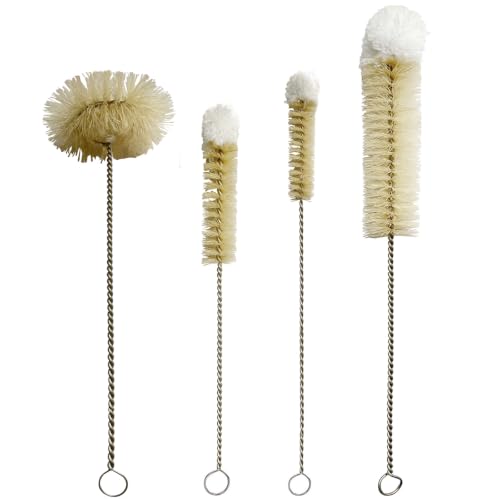 Bottle Brushes Thin Long Handle X 4, Natural Boar Bristle Set | Slim Stainless Steel Bendable Flexible Wire Cleaner, 3 Pcs with Wool Tip for Narrow Neck Bottles & Round for Wide Mouth Jars