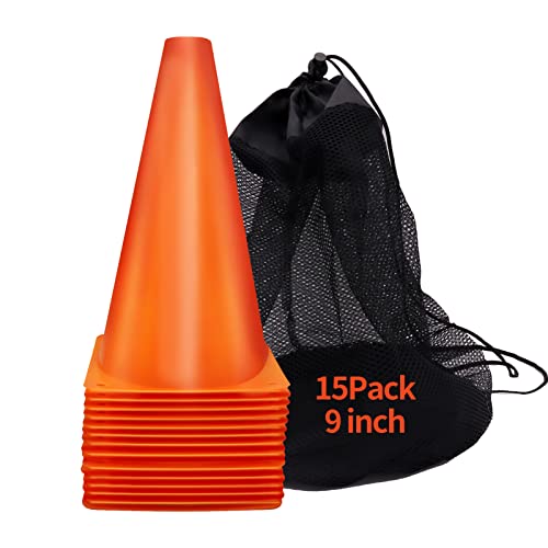Cones Sports 9 Inch, 15 Pack Training Cones for Soccer Practice, Agility Field Cone Set for Drills Football Basketball, Plastic Cones for Outdoor Indoor Games