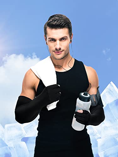Bencailor 2 Pairs Sun Arm Sleeves for Men Women with 2 Finger Holes Anti Slip Long Cooling Arm UV Protective Sleeves - color: Black, Navy