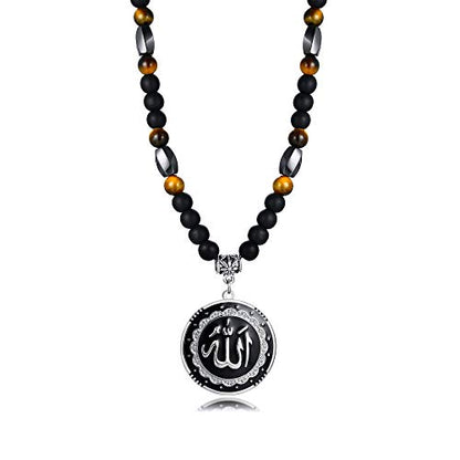 MEALGUET Allah Medallion Necklace, Stainless Steel Islamic Jewelry,Arabic Jewelry,Allah Name of God Round Pendant Necklace for Women and Men with Agate Beaded Chain, Muslim Gift Jewelry, Gift - style: Silver-gemstone necklace