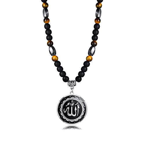 MEALGUET Allah Medallion Necklace, Stainless Steel Islamic Jewelry,Arabic Jewelry,Allah Name of God Round Pendant Necklace for Women and Men with Agate Beaded Chain, Muslim Gift Jewelry, Gift - style: Silver-gemstone necklace