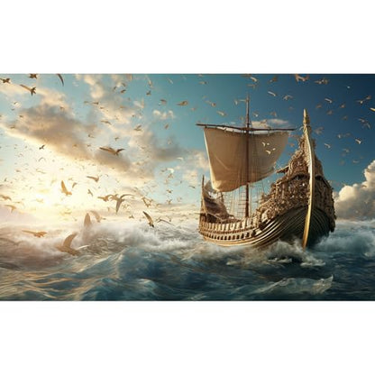 Sailing Ship Aquarium Background Splendid Surfy Ocean Flying Seagulls Fish Tank Background Majestic Golden Pirate Ship Terrarium Backgrounds Deep Seascape Blue Sky Reptile Tank Backgrounds 24x16in - color: Dark Blue, size: 24(W)x16(H)in