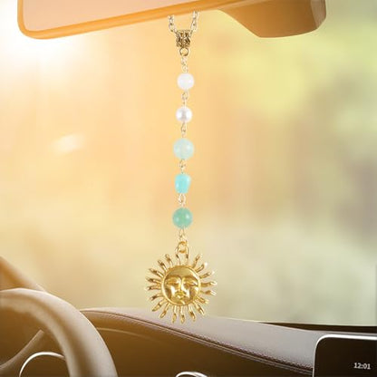 3 Pack Sun Rear View Mirror Hanging Accessories, Hanging Sun Charm with Healing Crystal, Boho Car Charms, Healing Mirror Decor Cute Accessories for Women (Retro)