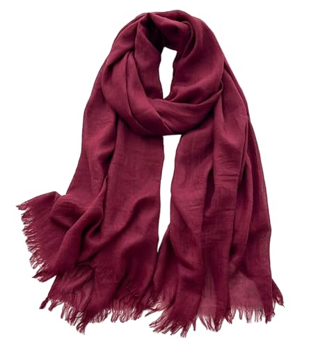 Solid color cotton and linen scarf, wrinkled all season versatile long sunscreen fashionable shawl - color: Jujube Red