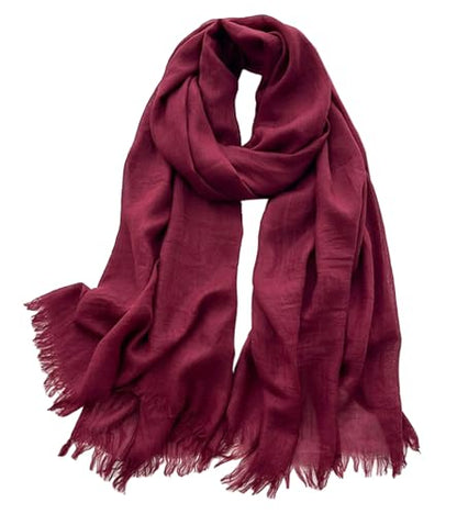 Solid color cotton and linen scarf, wrinkled all season versatile long sunscreen fashionable shawl - color: Jujube Red