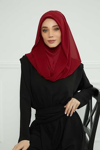 Aisha's Design Pre-tied Cotton-Chiffon Scarf for Women Practical Veil Instant Scarf Hijab Stylish Design - color: Maroon