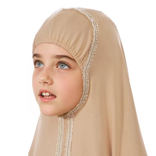 Lenmipot Kids Jilbab 2pcs Abaya Girls Muslim Prayer Dress Kids Eid Full Cover Abaya Dress Set Islamic Prayer Jilbab for Girl - color: Khakia, size: 7-8 Years